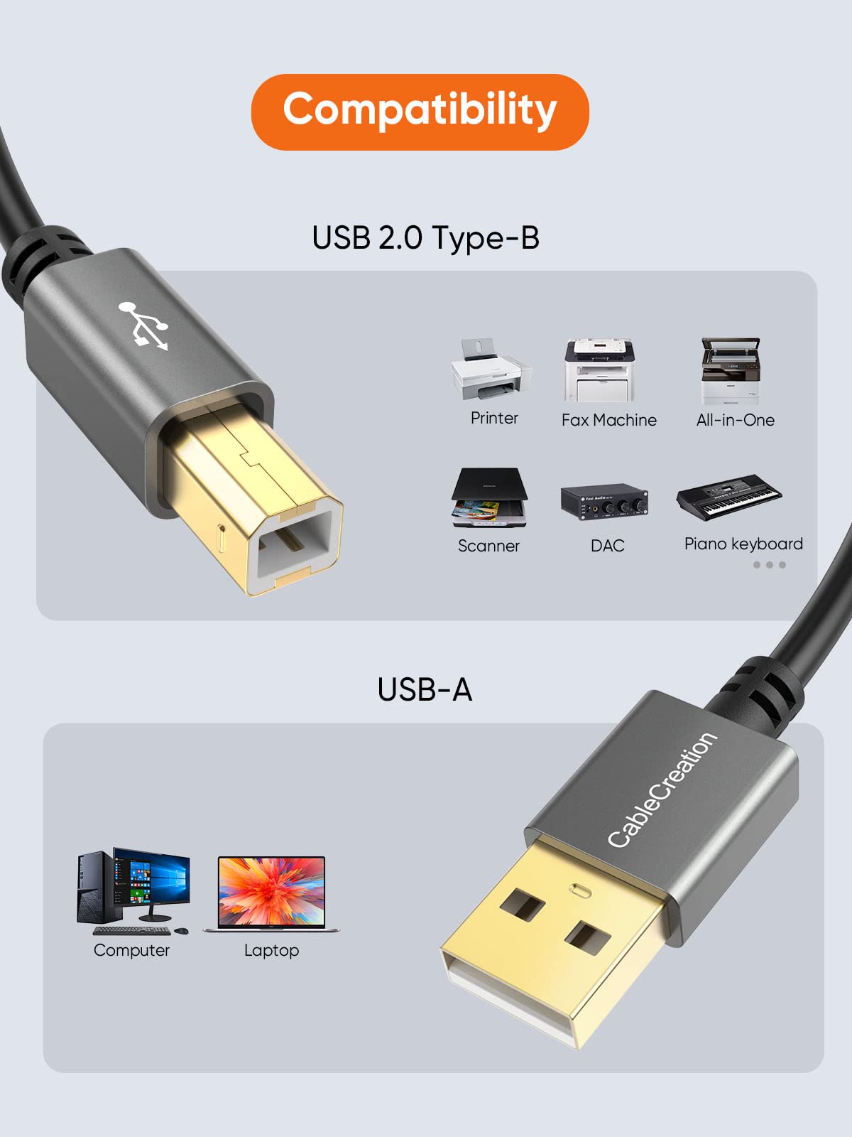 CableCreation Long USB Printer Cable 10 Feet, USB 2.0 to Computer, A to B Cord for HP, Brother, Epson, Canon, Piano, Dac, Aluminum Case, Space Gray 3M