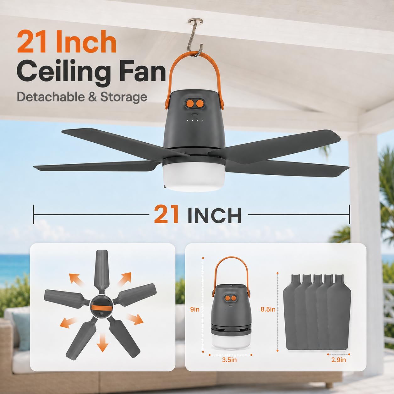 21" Portable Ceiling Fan with Light & Remote,20400mAh Battery Operated Outdoor Ceiling Gazebo Fan for Patios/Canopy/Cruise,Rechargeable Battery