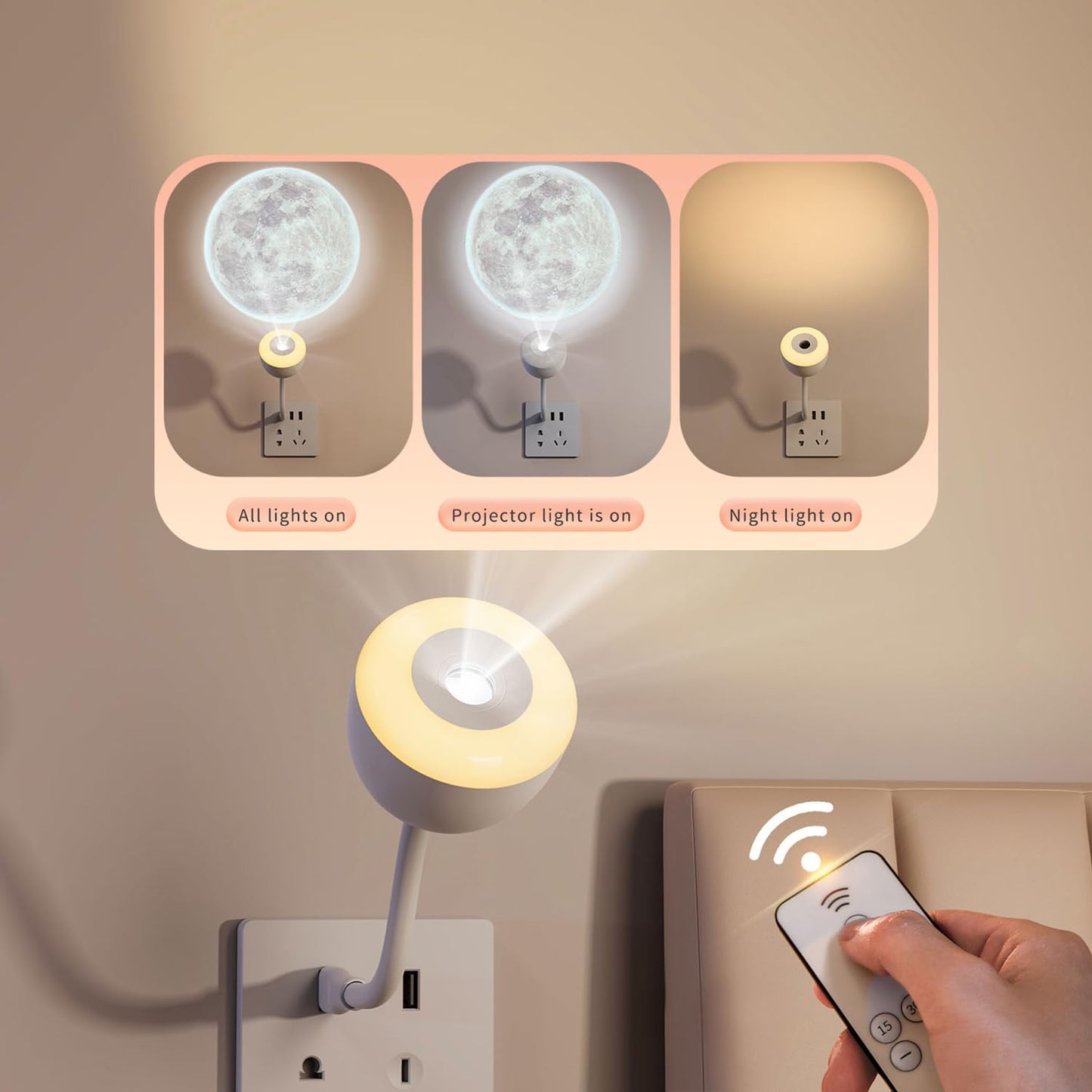 Aolllyyke AOLLLYYK Projection Night Light with Moon Pattern Projection Effect, Timing Function and Remote Control, USB Port, Suitable for Atmosphere