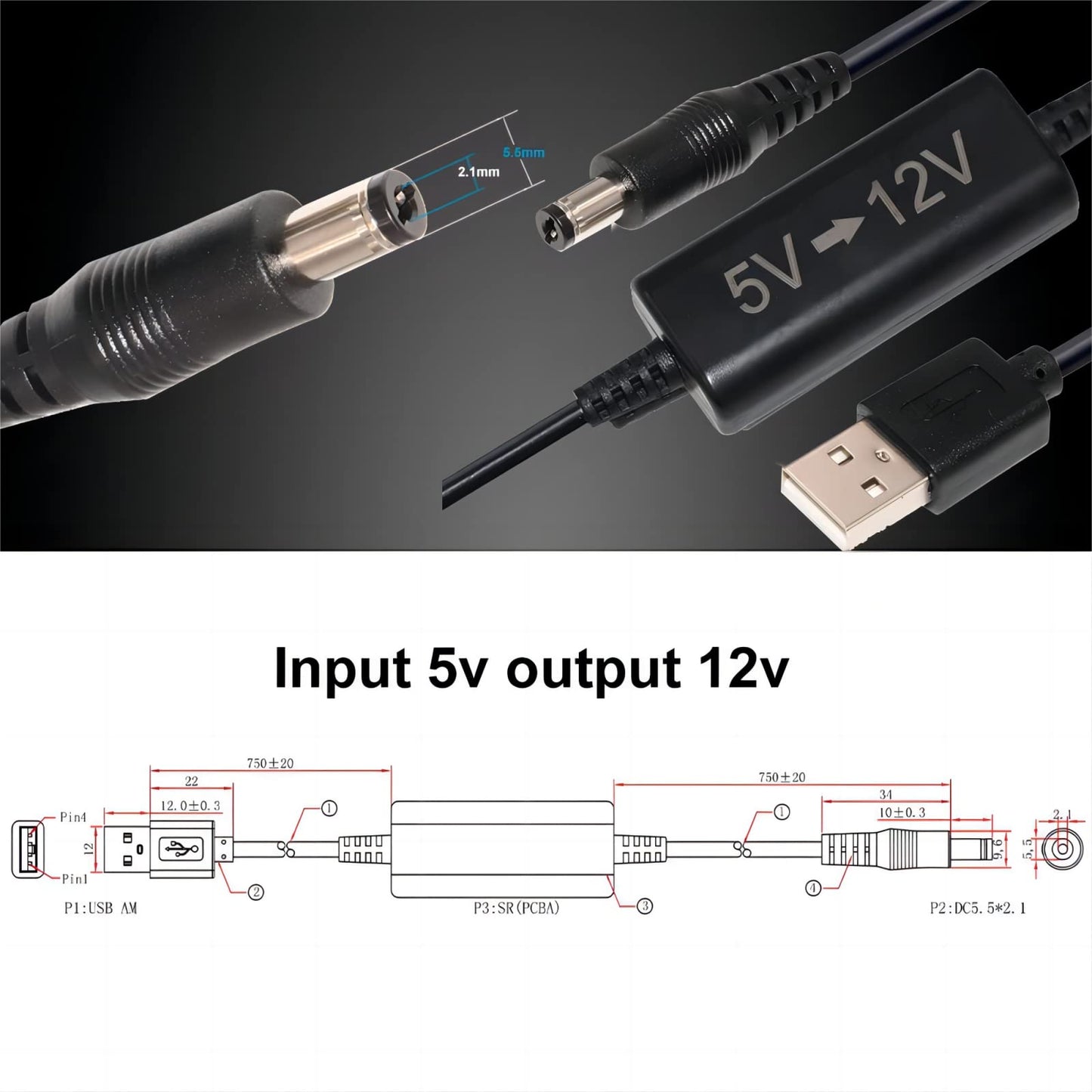 KUNCAN 5ft USB 5v to DC 12v Step Up Converter Cable, USB Port Voltage Converter to DC 5.5 x 2.1mm Connector