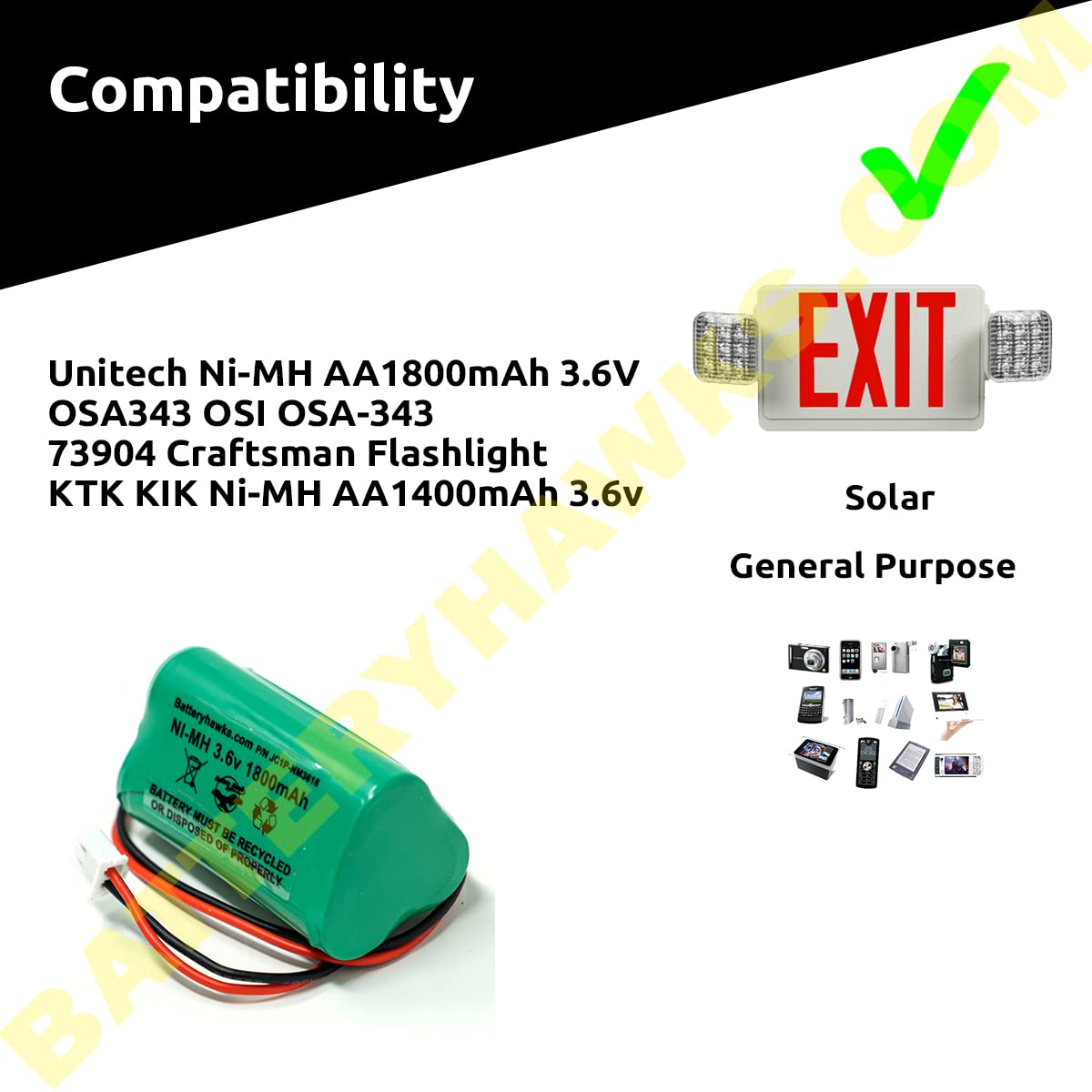 Battery Hawk (2 Pack) Ni-MH AA1800mAh Solar Light 3.6V AA NIMH 1800 MAH 3.6v 1800mAh Ni-MH Battery Pack for Emergency/Exit Light 73904 LED Flashlight