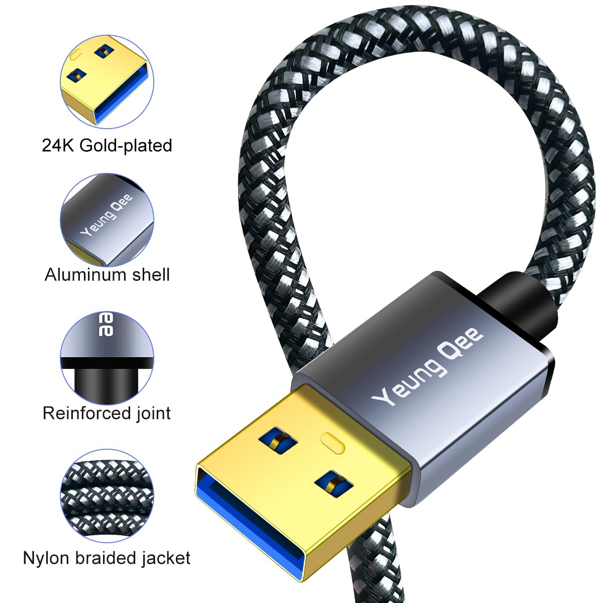Yeung Qee USB 3.0 A to USB B Cable 3 ft,Nylon Braided USB 3.0 Cable Type A Male to B Male Printer Cable Compatible with Docking Station, External Hard