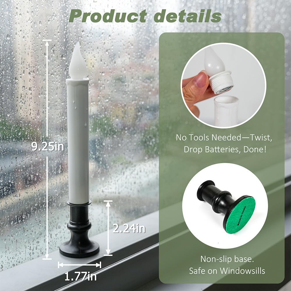 FPOO Window Candles with Dusk to Dawn Light Sensor, Battery Operated Candlesticks Long-Lasting 20+ Days, Flameless Taper Candles Flickering with Black
