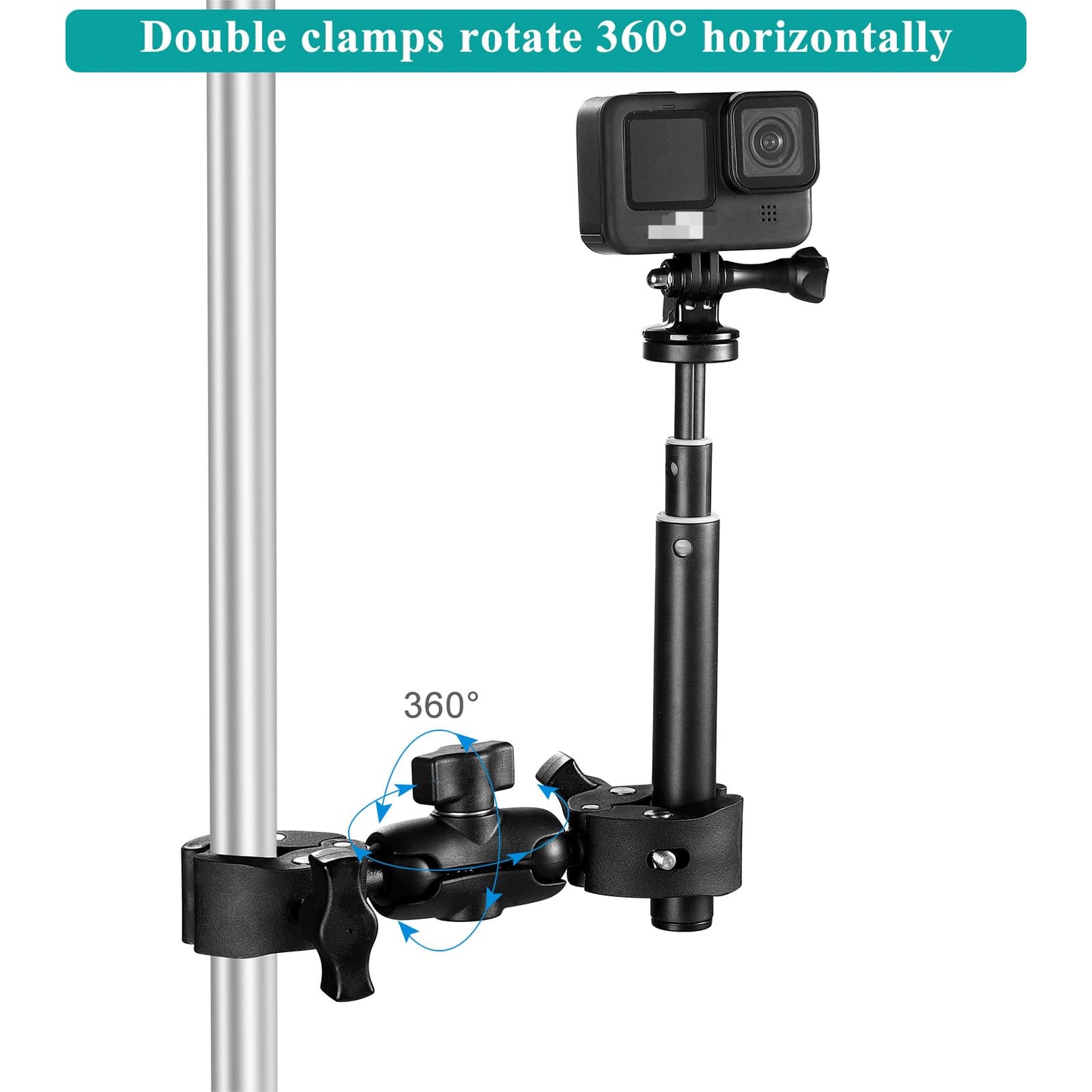 KOQEIEY Super Double Clamp Camera Mount Chair Umbrella Clamp, with 360° Magic Arm Double Ball Head Adapter for Umbrella, Pole, Strollers, Motorcycle