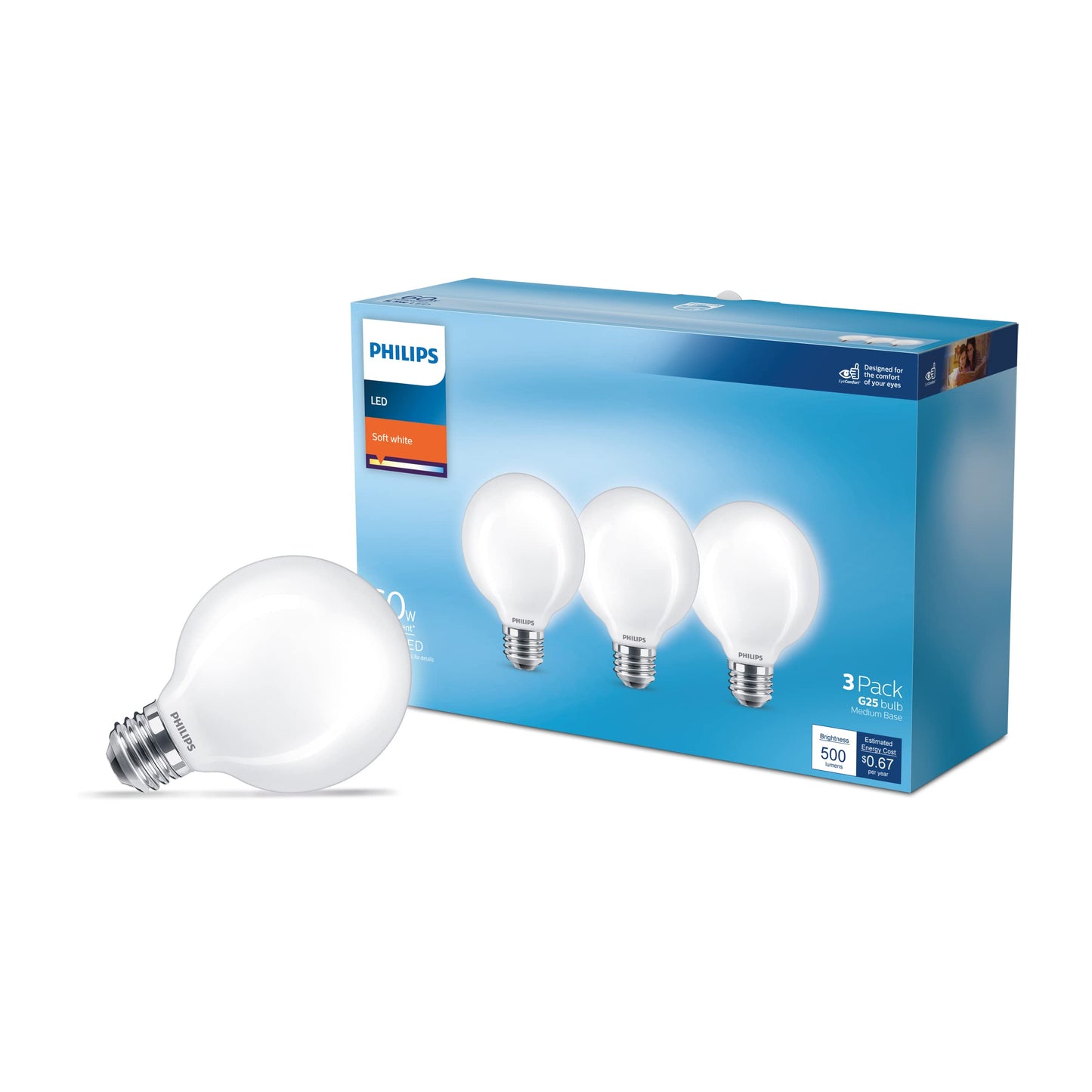 PHILIPS LED 60W G25 3-Pack Basic Soft White (2700K) 500 Lumen (5.5W = 60W) Frosted Flicker-Free Light Bulbs