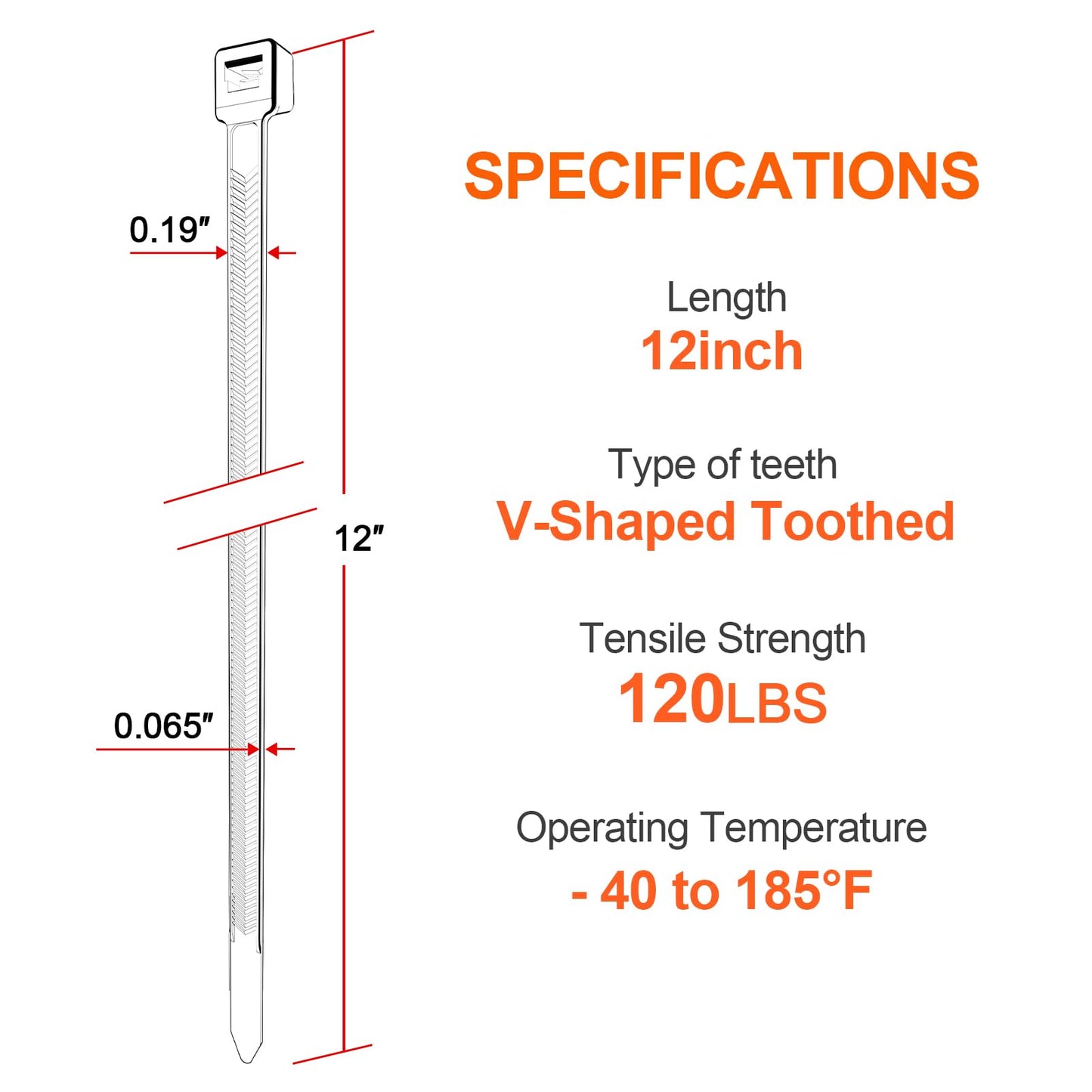 Zip Ties Heavy Duty 12 inch?V-Shaped Toothed Double Sided With 120 LBS Tensile Strength Cable Ties ?Extra Large Wire Ties Adjustable Nylon Tie Wraps