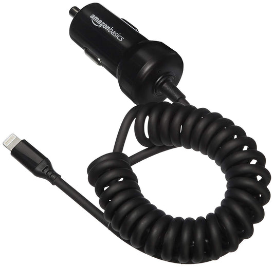 Amazon Basics 12W (5V, 2.4A) Fast Car Charger with Coiled Lightning Cable, MFi Certified for iPhone, iPad and Apple Devices, 1.5 ft, Black