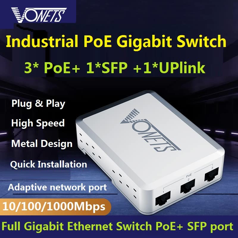 VONETS Industrial PoE Gigabit Switch Gigabit Ethernet Network Switch Ethernet RJ45 Splitter Plug&Play 10/100/1000M 5 Ports Metal Design Universal
