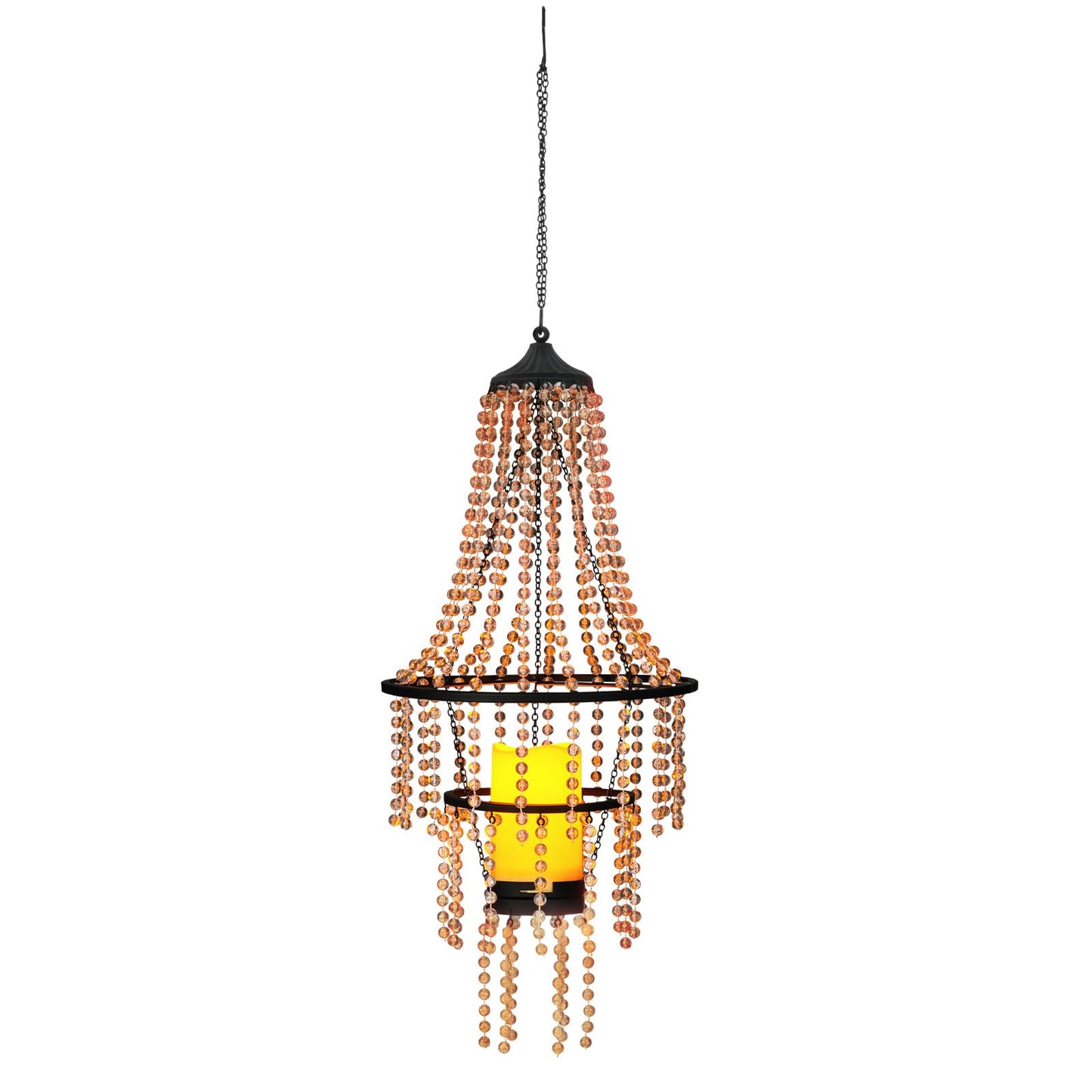 Hanging Candle Chandelier Outdoor, Battery Operated Clear Acrylic Beaded Chandelier with Flickering Led Candle Light S Hooks Modern Lantern for Garden