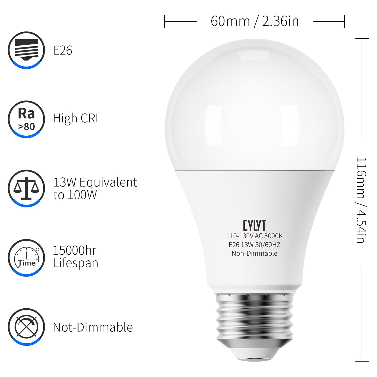 CYLYT 100W Equivalent Bright LED Light Bulbs, Daylight White 5000K A19 Lightbulbs, Focos LED para Casa, for Kitchen Bedroom Indoor, 1500 Lumens, E26
