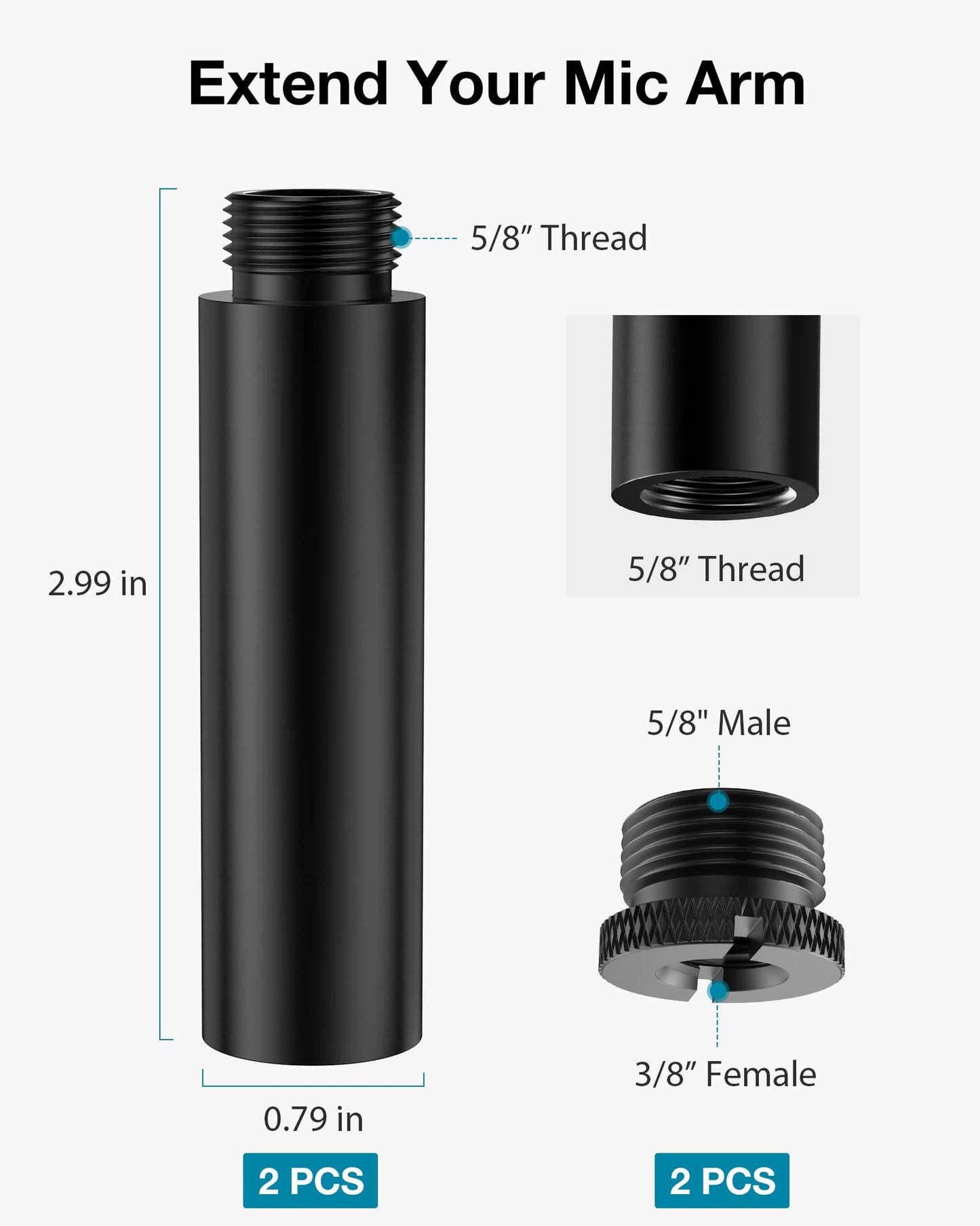 InnoGear Mic Stand Extension Tube, 2 Pieces 5/8" Thread Microphone Extension Pipe Mic Extender with 2 Pcs 3/8" to 5/8" Metal Adapter for Desk Mic Boom