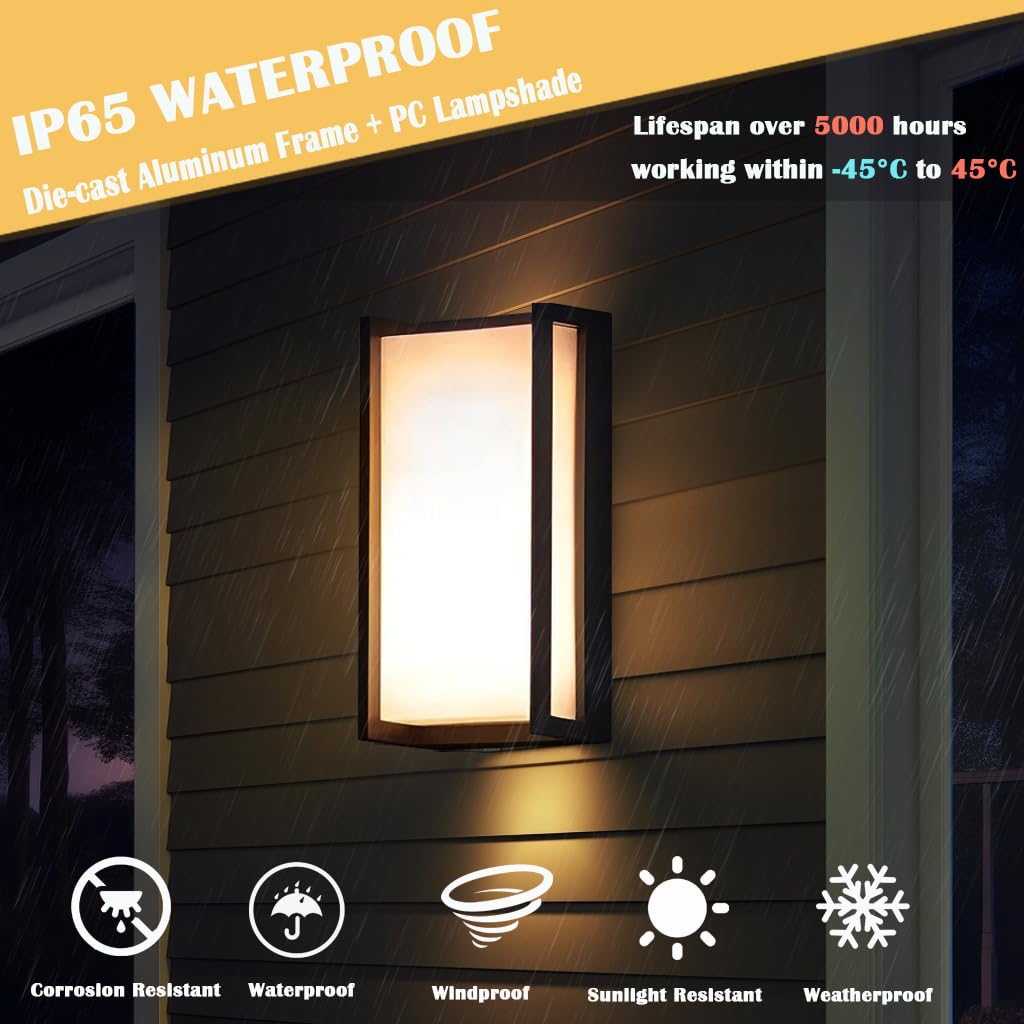 iYogaled Modern Exterior Lighting Fixtures, 3-Color Temperature Front Porch Light fixtures, IP65 Waterproof wall Sconce,18W 1500LM Rectangular Black