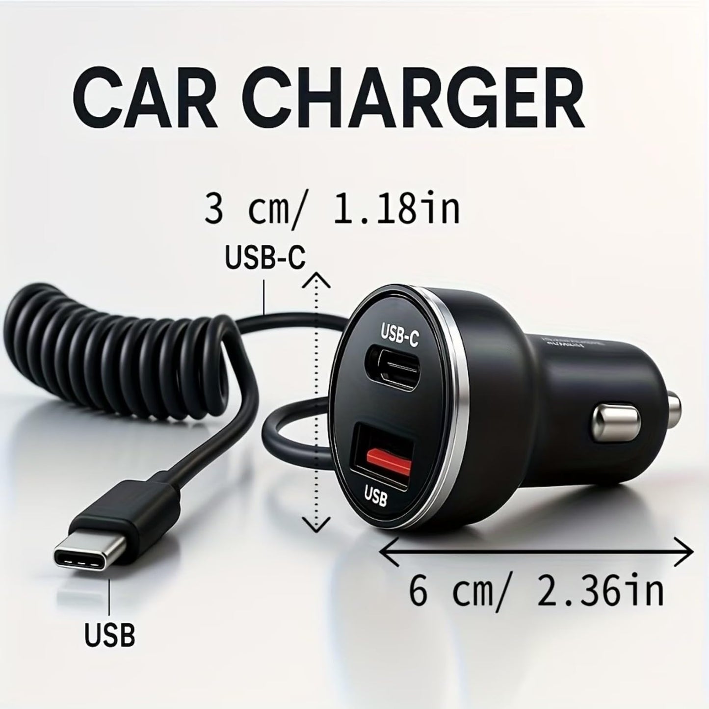 USB Type-C Fast Car Charger, Metal 3-Port Super Fast Charging Car Charger Adapter with PD & QC3.0, Built-in 6ft Type-C Cable, LED Display, Compatible