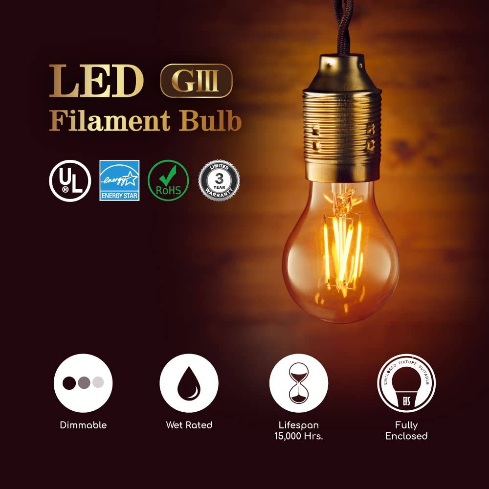 Euri Lighting VA15-3020ea-4 Dimmable LED A15, 4.5W (25W Equiv.) 360lm, 80 CRI, Amber Glass, Warm White (2200K), 320° Beam Angle, E26, Wet Rated, UL