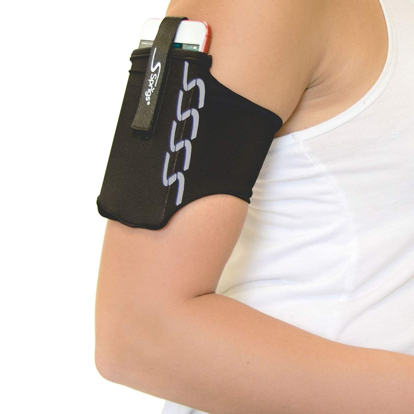 Sprigs Armband for iPhone 11/x/xr/8/7 Plus, Galaxy S10/S9, Google Pixel 4. Lightweight & Comfortable Running Armband, Stretches to Fit All Phones
