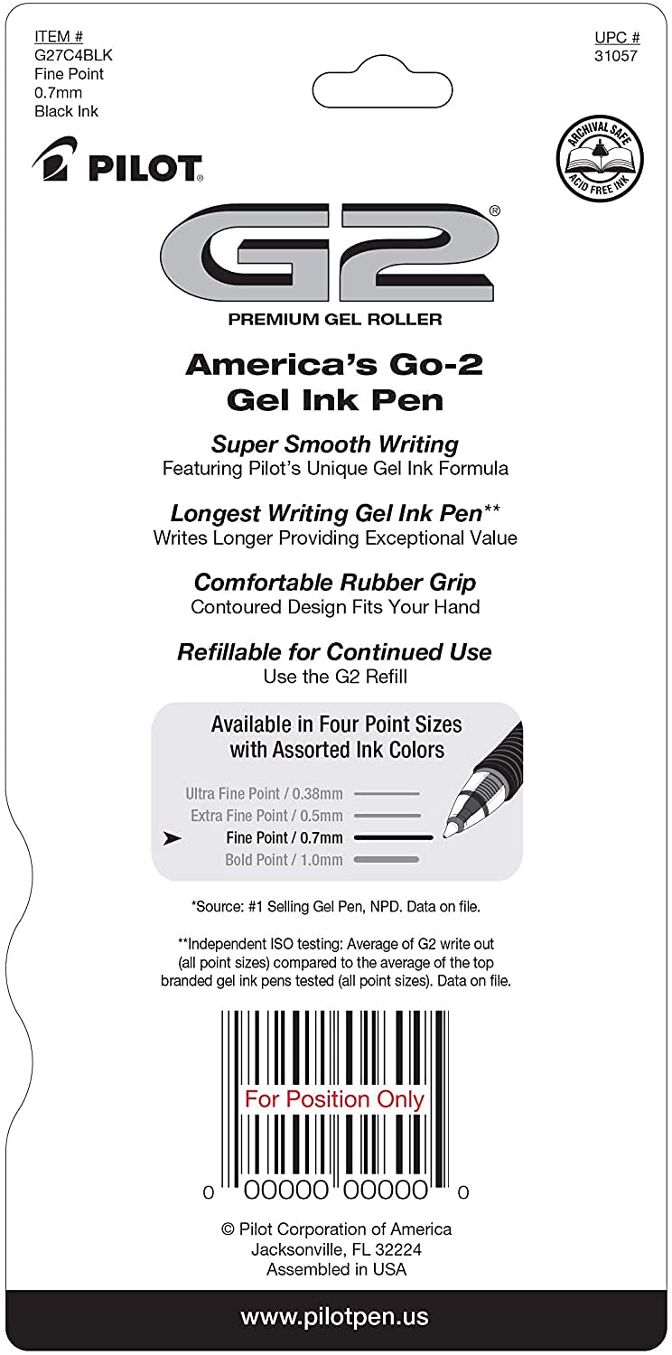 Pilot G2 Pens, Premium Refillable and Retractable Rolling Ball Gel Pens, Fine Point, 0.7mm, Black Ink, 4-Pack
