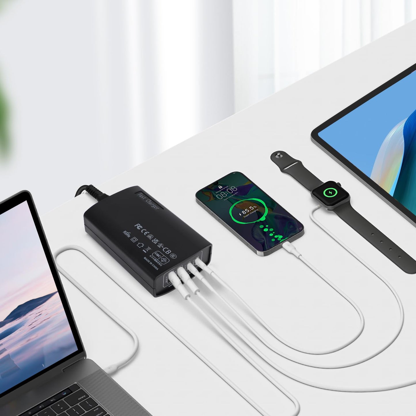 USB C Fast Charger Block 100W Full Power Independent Output Charging Station for Multiple Devices, 4 Port Desktop Charging Station Portable Multi
