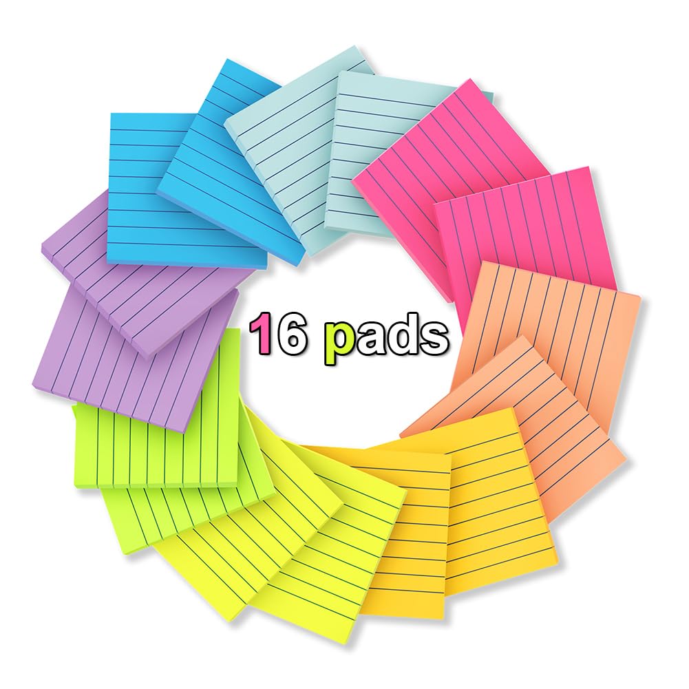 (16 Pack) Lined Sticky Notes 3x3 in Ruled Stickies,Bright Colors