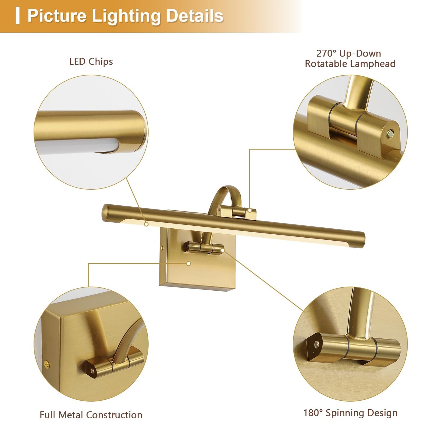 DESOOP Brass Picture Lights for wall Hard-Wired LED Picture Lighting Dimmable Art Light Gallery Lighting for Wall Portraits Artwork 15.75 inch 7W Warm