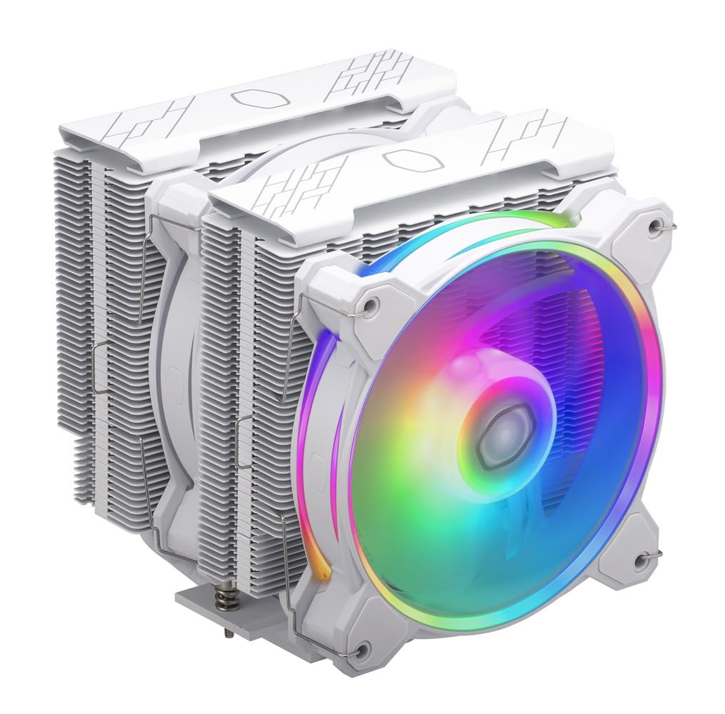 Cooler Master Hyper 622 Halo White Dual Tower CPU Air Cooler, 120 Halo² PWM Fan, Dual Loop ARGB, 6 Copper Heat Pipes, Nickel-Plated, 154mm Tall, AMD