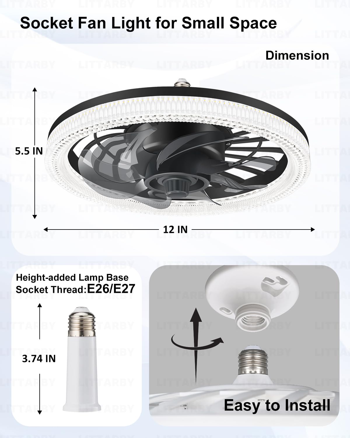 Ceiling Fans with Lights, Socket Fan Light with Remote Control, Dimmable Brightness 3000K-6500K Memory, Socket Modern Flush Mount Low Profile Ceiling