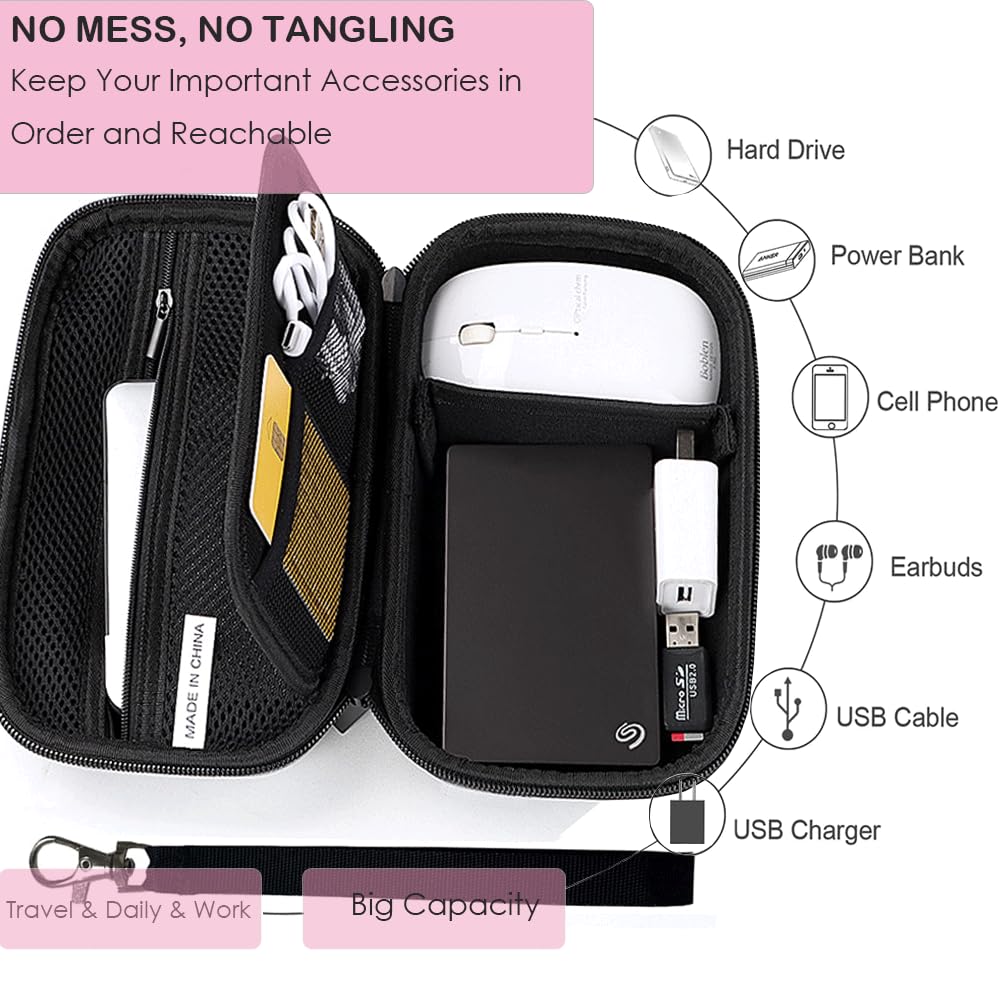 CAAORDKSO External Hard Drive Case, Shockproof Hard EVA Carrying Case Electronics Organizer Travel Case for Hard Drive, Charger, Laptop Mouse, Power