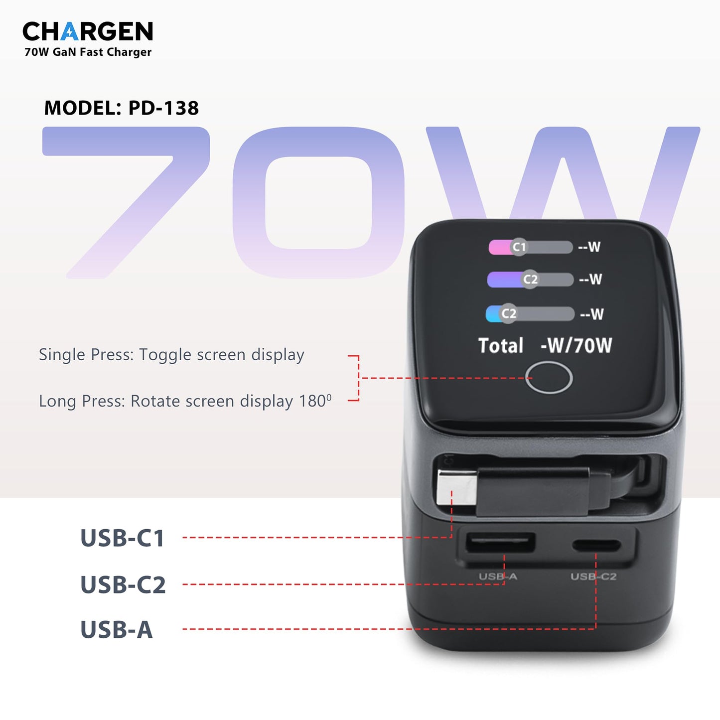 CHARGEN 70W GaN Fast Charger with Retractable Cable, 3-Port USB-C and USB-A Wall Charger, Compact Black Design, Model PD-138