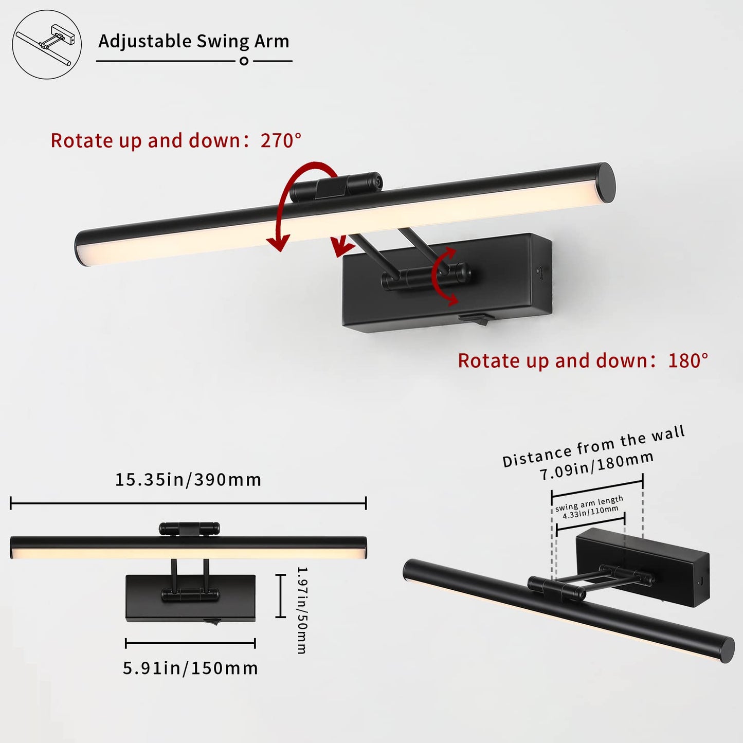 JUSHENG Black Picture Lights for Wall Battery Operated Gallery Lights 3CCT Dimmable Art Lamp Wireless Painting Lights for Display, Portraits 15.35''