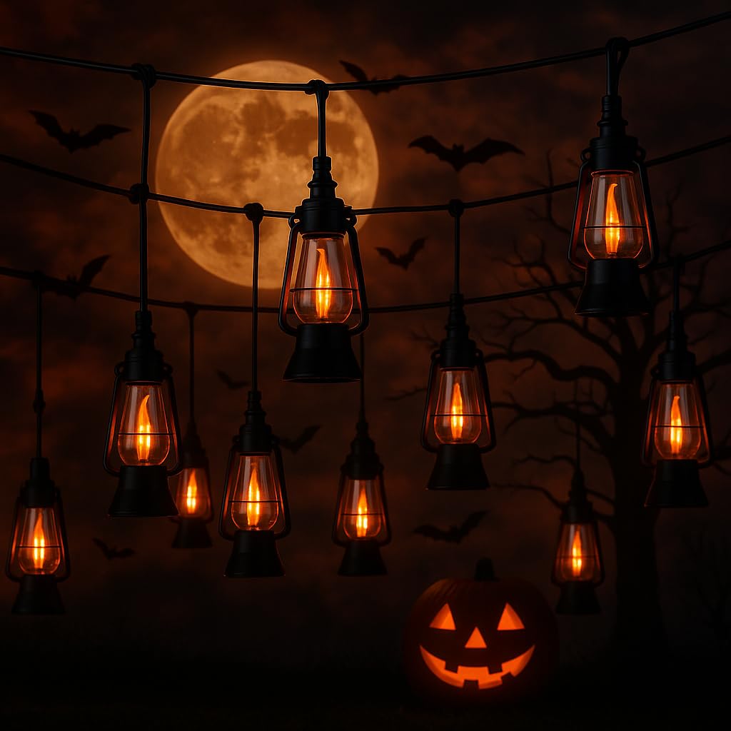 Festive Living 10 Light LED Flicker Flame Plastic Oil Lamp String Set, 20ft Black Wire - Indoor/Outdoor Vintage Flame Effect