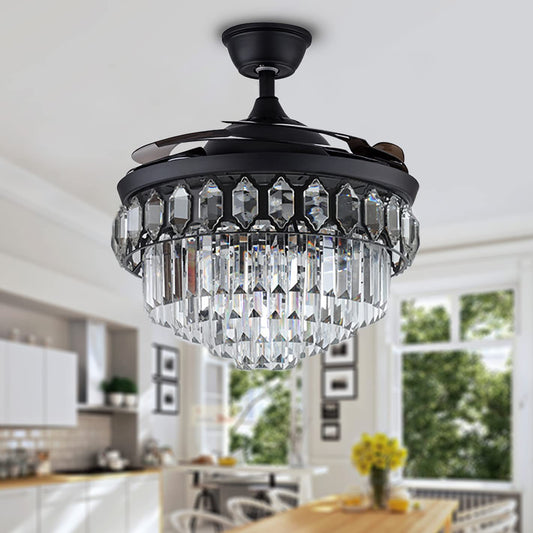 Fandian 42" Modern Crystal Ceiling Fan with Lights Black Retractable Fandelier Remote Control Fixtures, 3 Color Changes Luxury Lighting for Dining