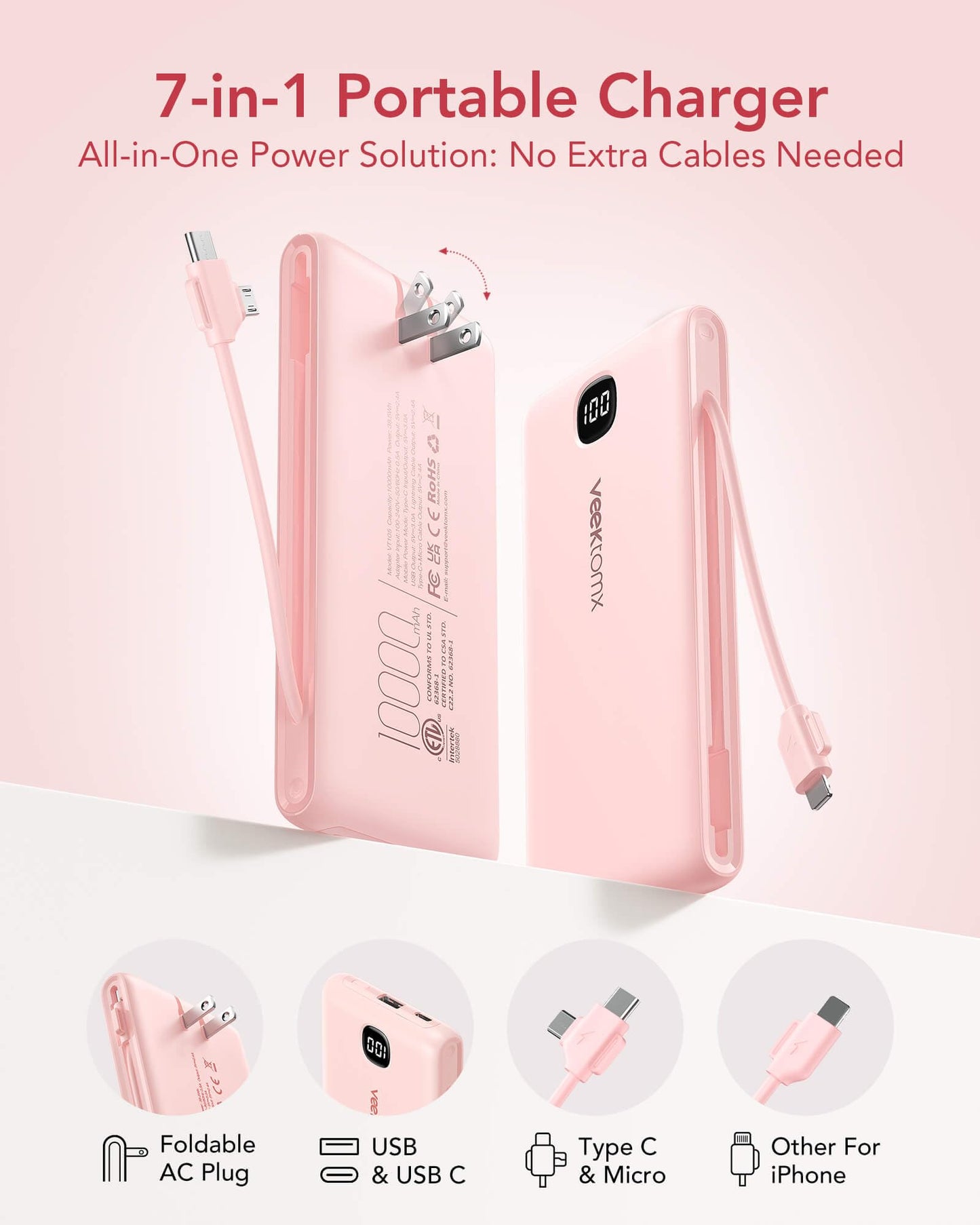 Portable Charger Power Bank Built in Cables and Wall Plug, 10000mAh iPhone Battery Pack Fast Charging, USB C External Slim Power Bank, Travel