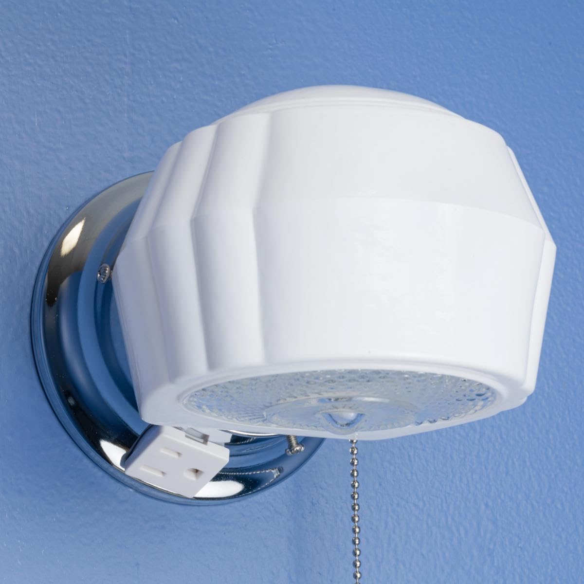 One-Light Classic Wall Fixture with Ground Convenience Outlet and Pull Chain, Chrome Finish Base with White and Crystal Glass