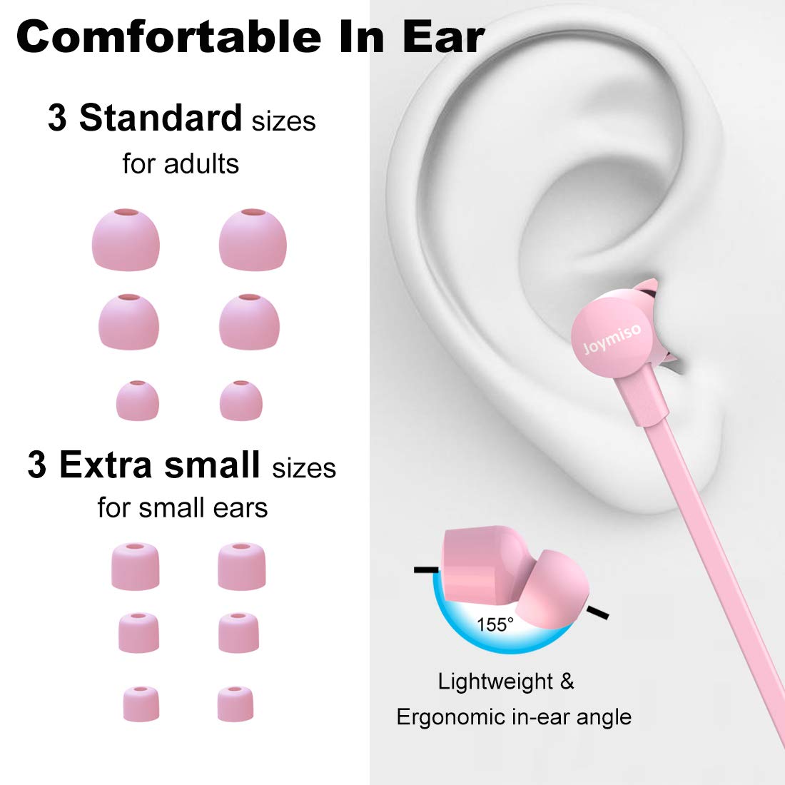 Joymiso Tangle Free Earbuds for Kids Women Small Ears with Case, Comfortable Lightweight in Ear Headphones, Flat Cable Ear Buds Wired Earphones