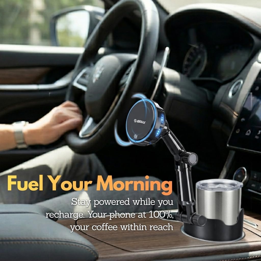 Esoulk [2026 Upgraded] Qi2 25W Fast Wireless Car Charger with Cooling Fan, Cup Holder Phone Mount with Adjustable Long Arm, Magnetic Fast Charging