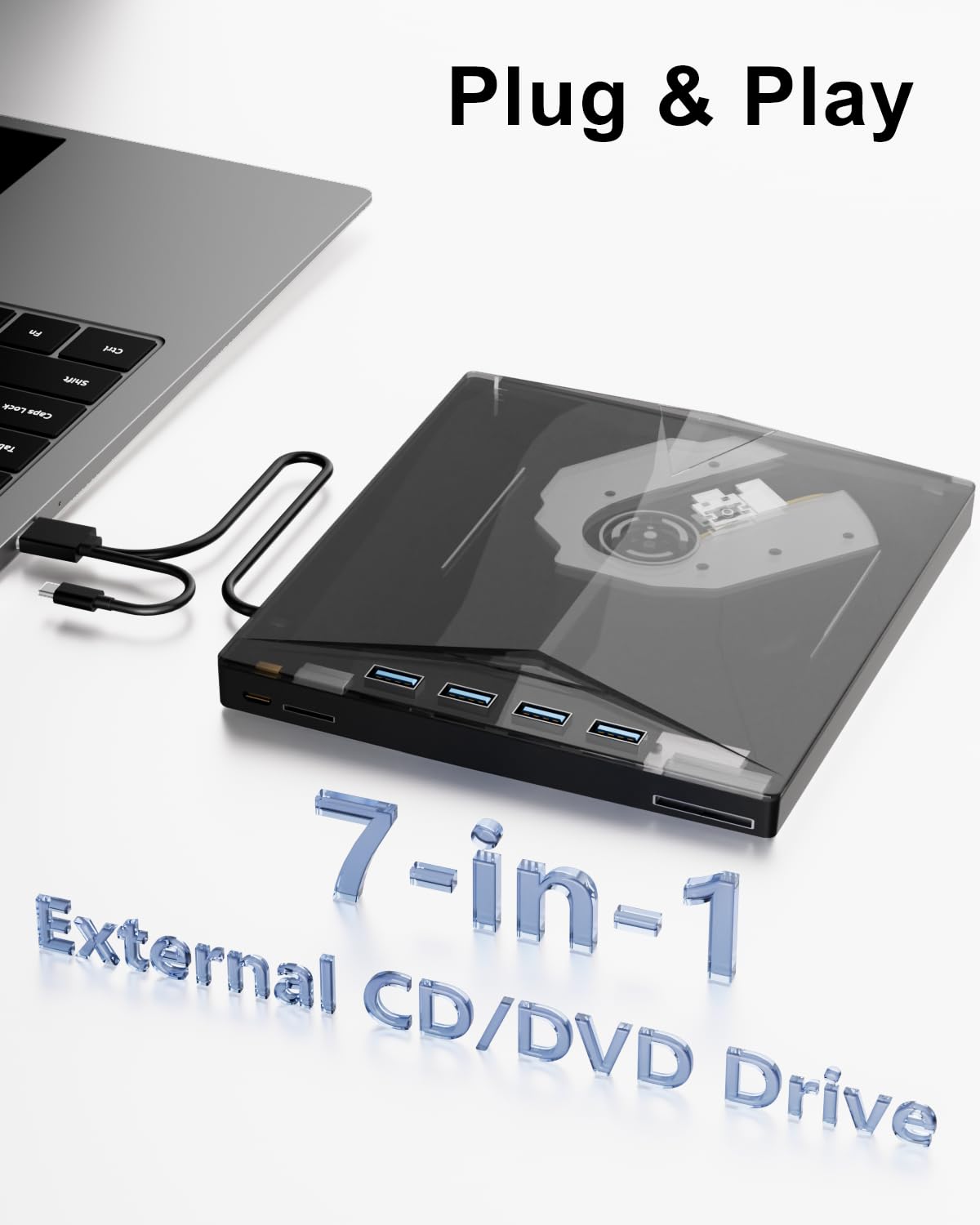 External CD/DVD Drive for Laptop, 7-in-1 External DVD Drive with 2 USB Ports, External DVD Burner with SD/TF Card Slots, CD/DVD Reader, USB 3.0 DVD