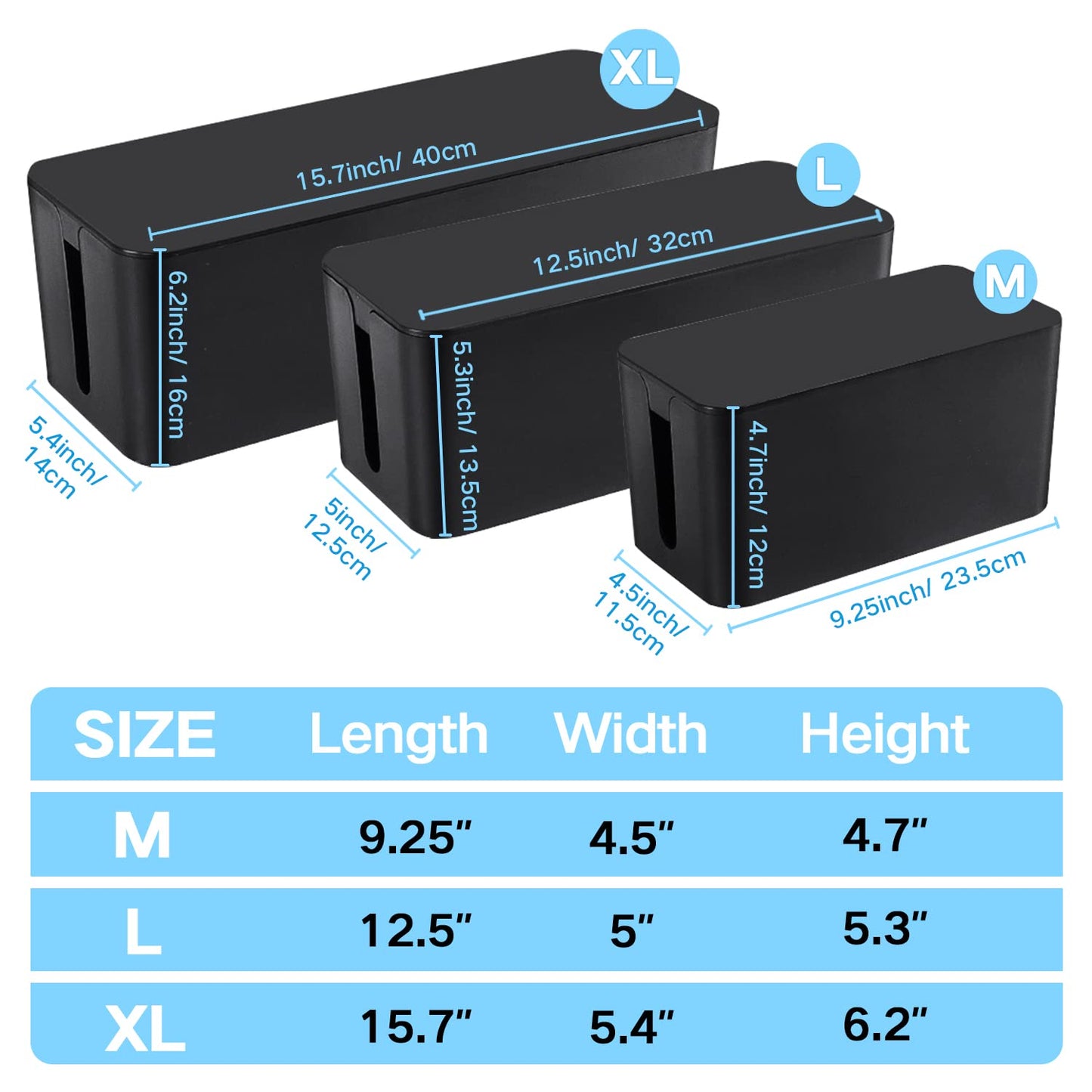 Cable Management Box, 3 Pack Cord Organizer Boxes with 33 PCS Cable Management Set to Cover Hide Power Strip, Surge Protector Under Desk & on Floor