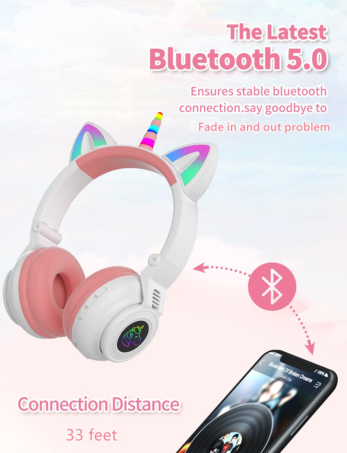 YUSONIC Unicorn Kids Headphones for Girls, Unicorn Bluetooth Headphones Foldable for Girls Toddlers Tablet/pad/Amazon fire,Light Up Kids Wireless…
