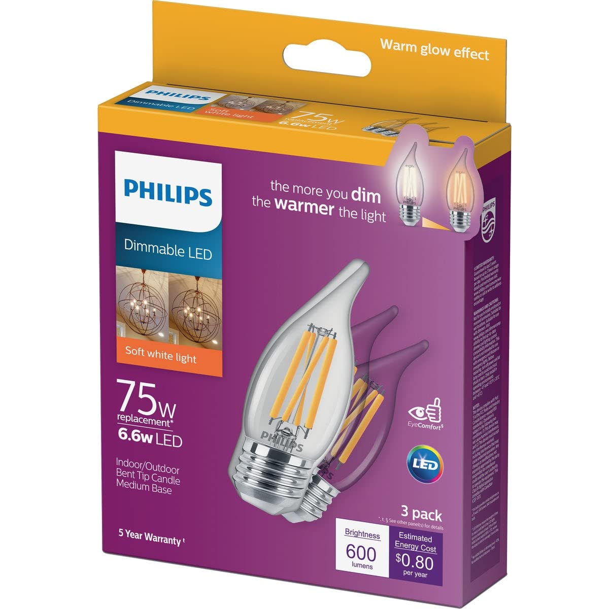 Philips LED Clear Dimmable, Warm Glow Effect BA11 Light Bulb - Pack of 3 - EyeComfort Flicker Free - 6.6W=75W - 600 Lumen - Soft White (2700K) - E26
