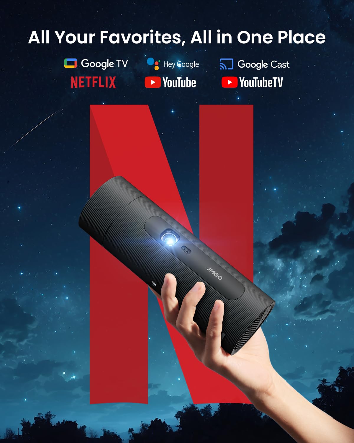 JMGO PicoFlix GTV Netflix Projector, 1080P Mini Portable Projector with Wifi and Bluetooth, 4.5H Battery, Outdoor 3D Movie Projector 150", Gimbal Auto