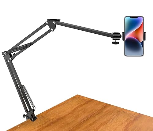 Overhead Tripod Mount for Camera Webcam Ring Light, Long Over Head Articulating Arm with Phone Holder and Ball Head, Desktop Lazy Arm Clamp Phone