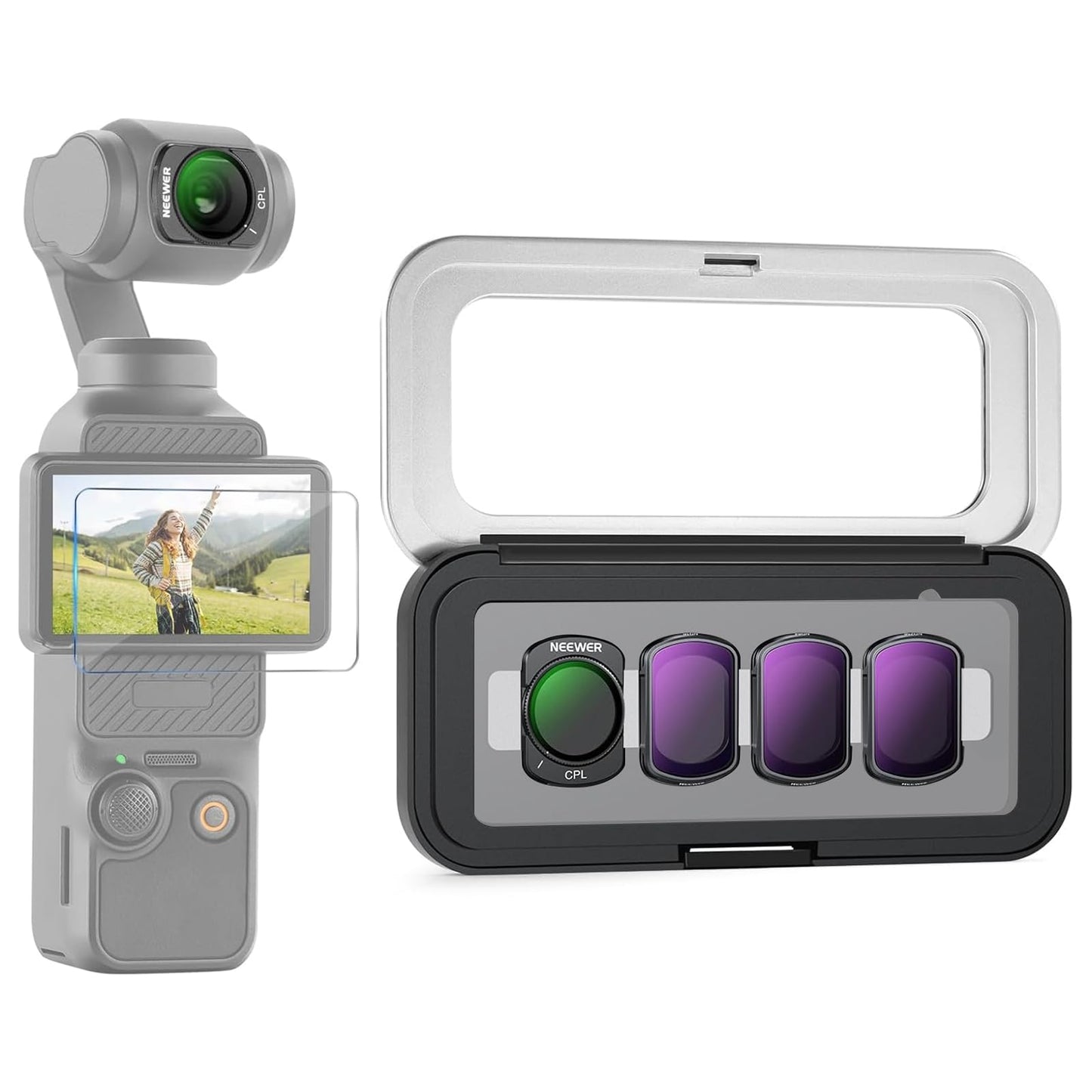 NEEWER ND & CPL Filter Set Compatible with DJI Osmo Pocket 3, Magnetic Neutral Density ND16 + ND64 + ND256 + Circular Polarizing Action Camera Lens