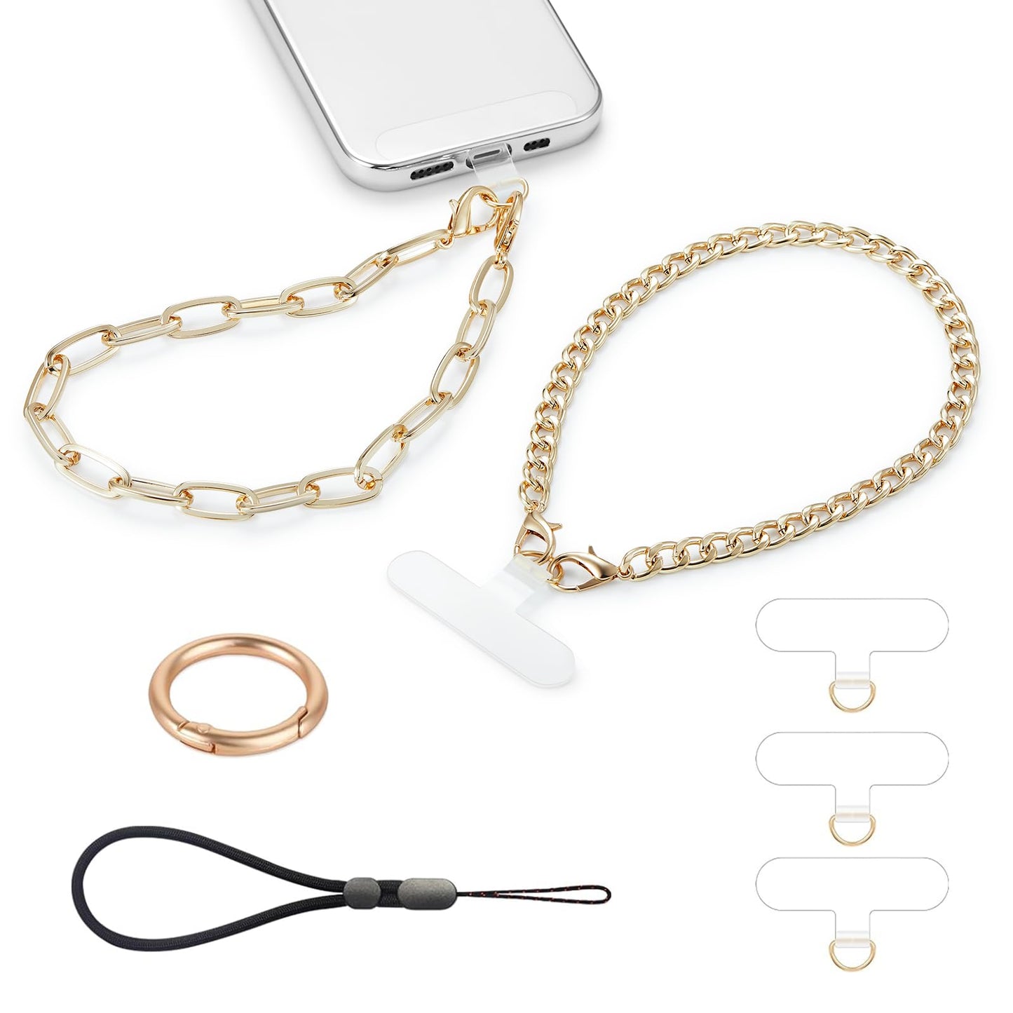 Casecond 2 pcs Phone Charm with Gold Metal Chain Detachable Phones Lanyard Hand Wrist Smartphone Strap Adjustable Grip Strap with 3 Patches Tether