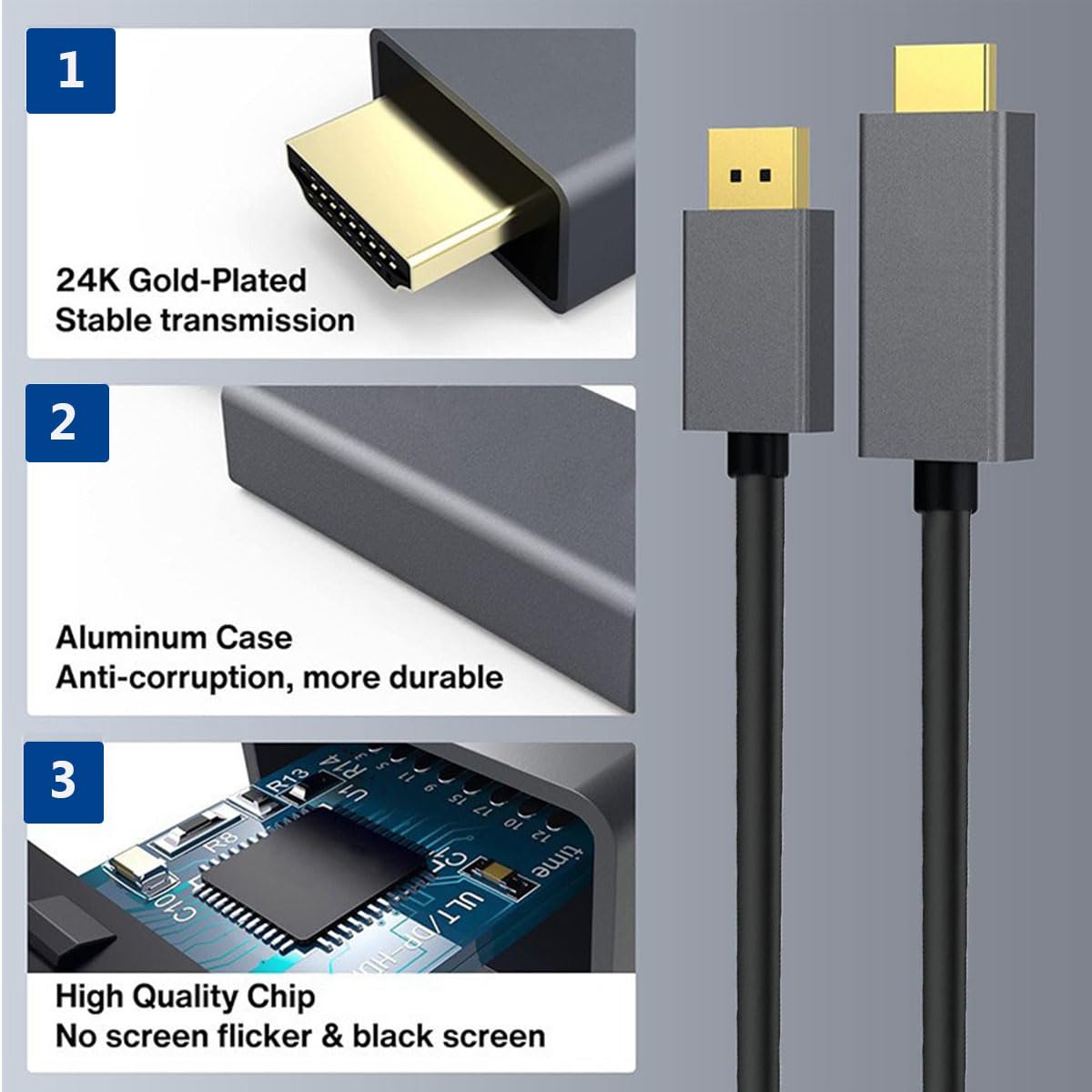 4K DisplayPort to HDMI Cable 6FT, [Gold-Plated, Aluminum Shell] Uni-Directional DP to HDMI 4K@30Hz Display Cord for HDTV, Monitor, Projector