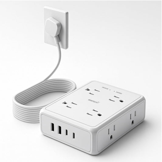 Surge Protector Flat Extension Cord Power Strip 6Ft, 8 Outlets with 4USB Ports (2 USB-C), 1350 Joules Protection, Ideal for Office, Home, White