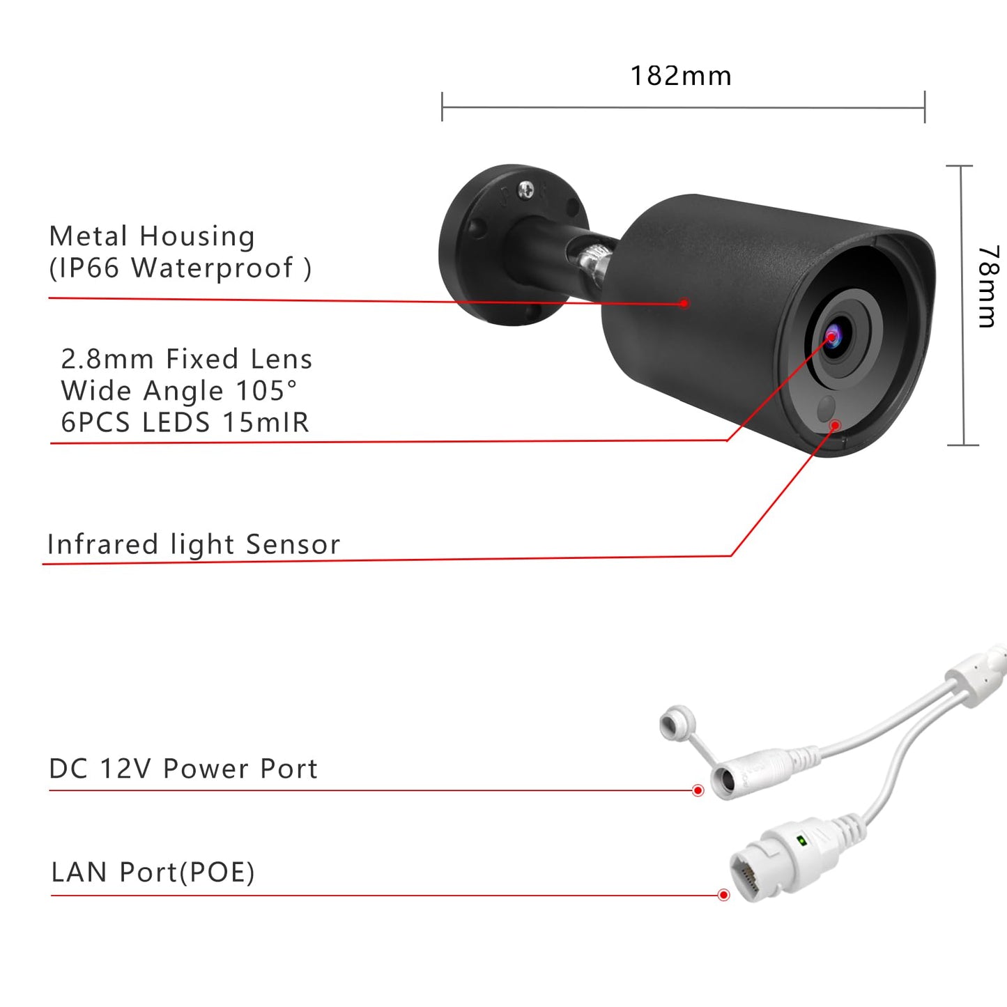 Inwerang 5MP PoE IP Security Camera, H.265 Bullet IP Camera with 105° Wide Angle, 2.8mm Lens, 80ft Night Vision, Compatible with Third-Party NVRs
