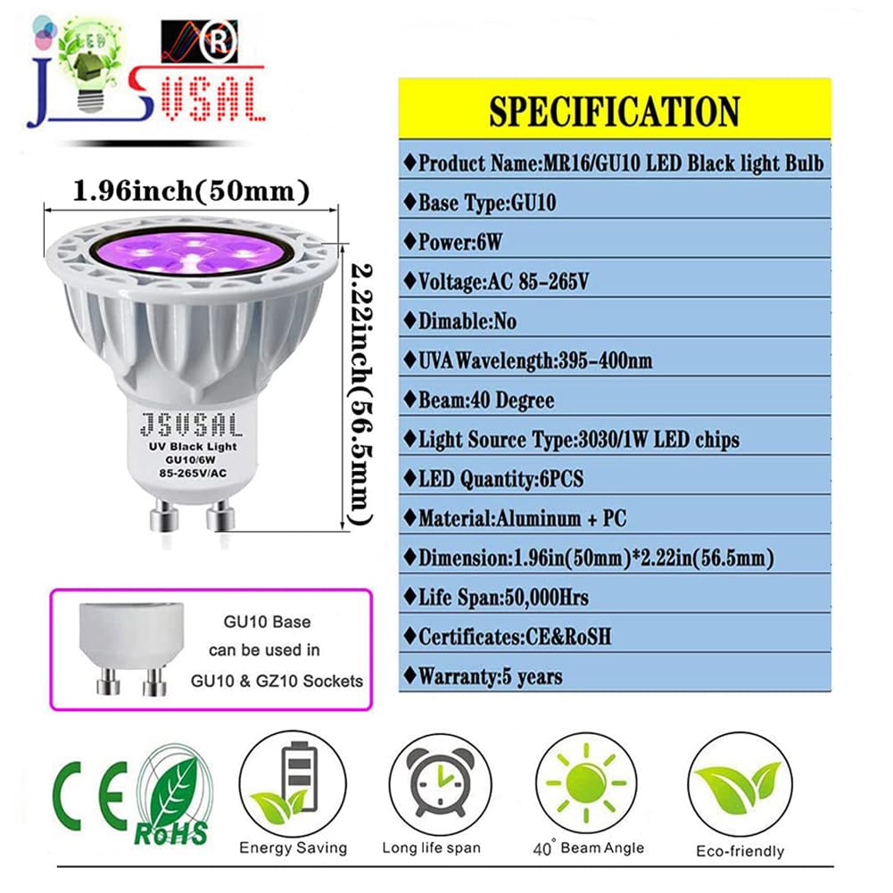 JSVSAL LED Black Light Bulb,MR16 GU10 Base,5W AC85-265V,Not Dimmable,2-Pack