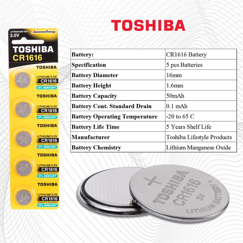 TOSHIBA CR1616 3V Lithium Coin Cell Battery Pack of 5