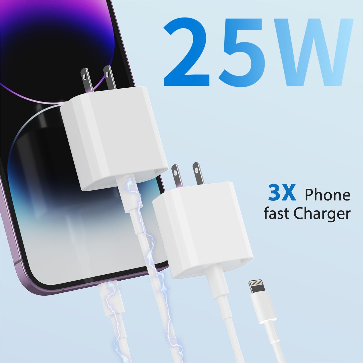 25W iPhone Charger, 2 Pack 25W PD USB C Wall Fast Charger Adapter with 2 Pack 10FT Long Type C to Lightning Cable Compatible with iPhone 14 13 12 11…
