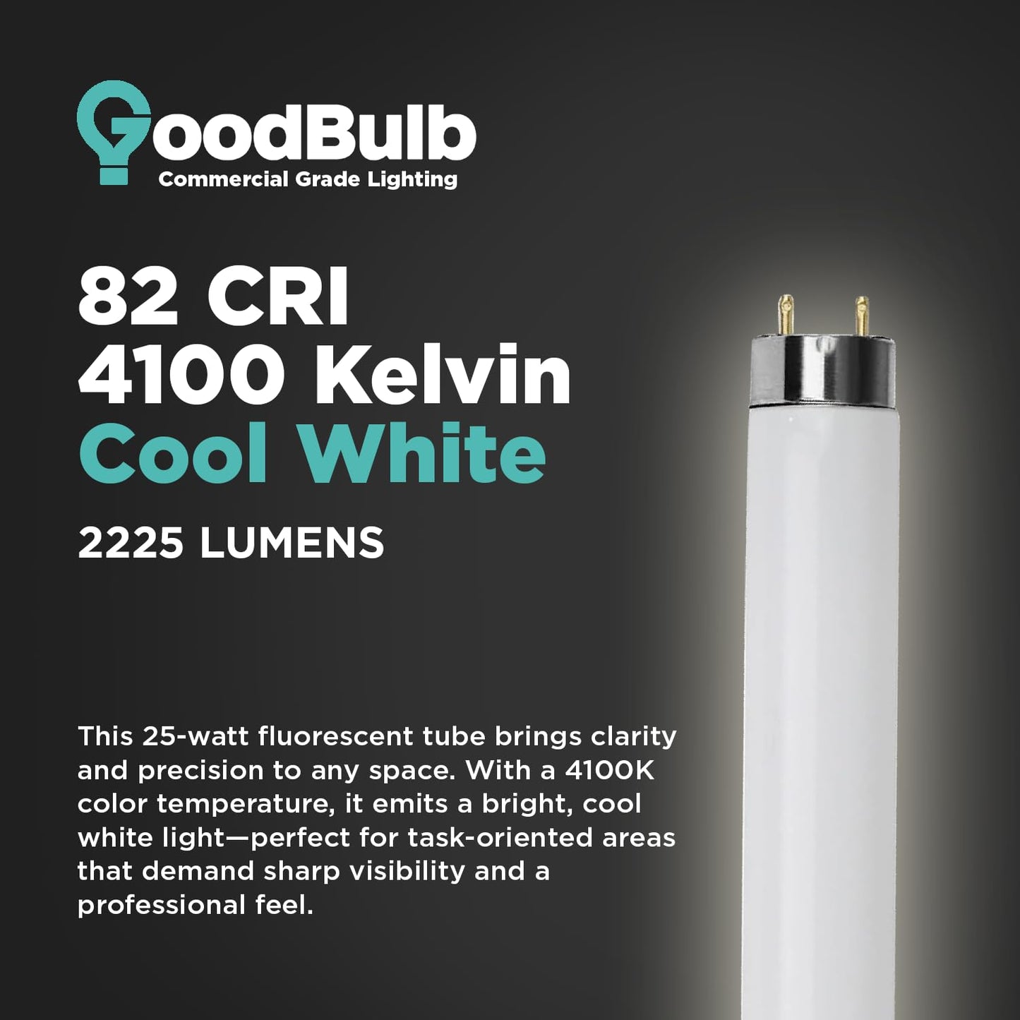 GoodBulb 25-Watt 36 Inch T8 Fluorescent Light Bulb 4100K Cool White Medium Bi-Pin Base 2225 Lumens 86 CRI 36000 Life Hours Instant/Programmed Start