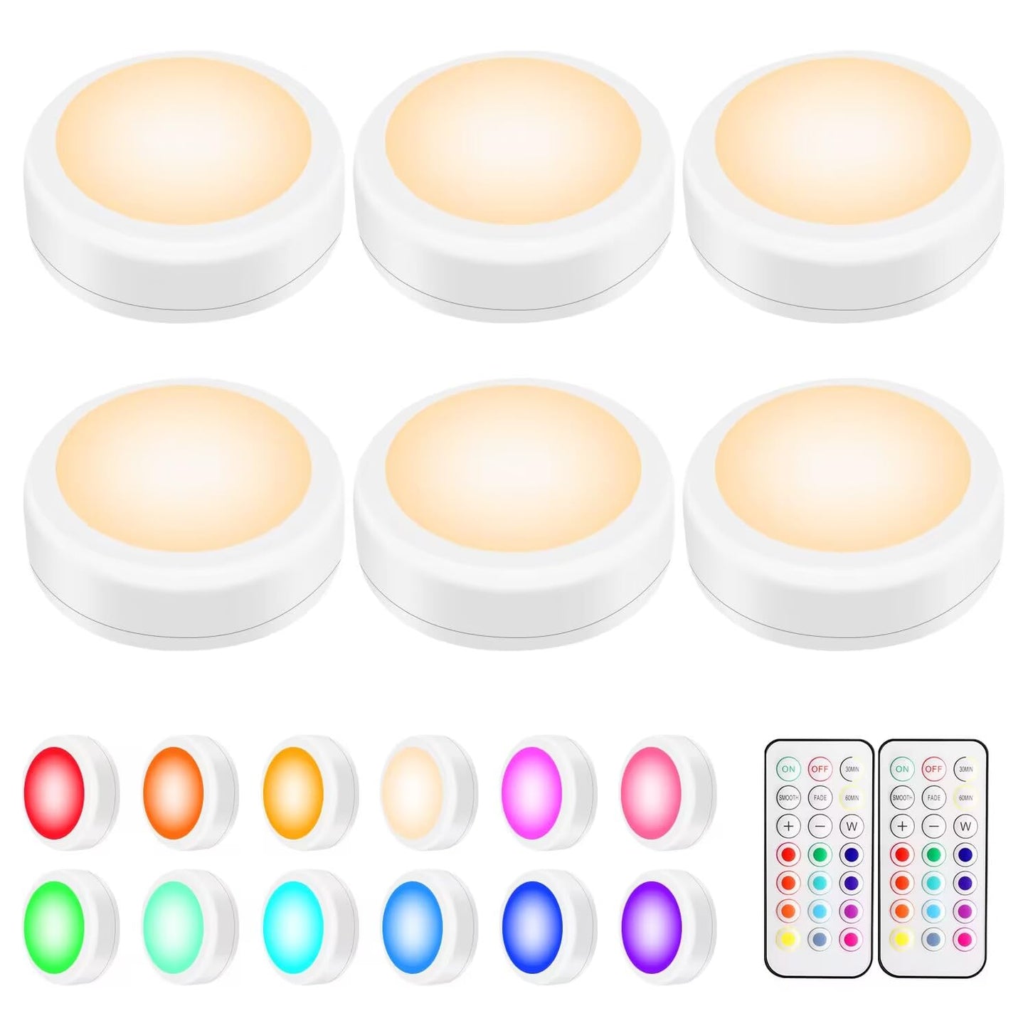 Alivation Led Under Cabinet Lighting Battery Operated Light, 6 Puck Lights with Remote Control, 13 Color Changing Stick on, Touch Push Tap Lights